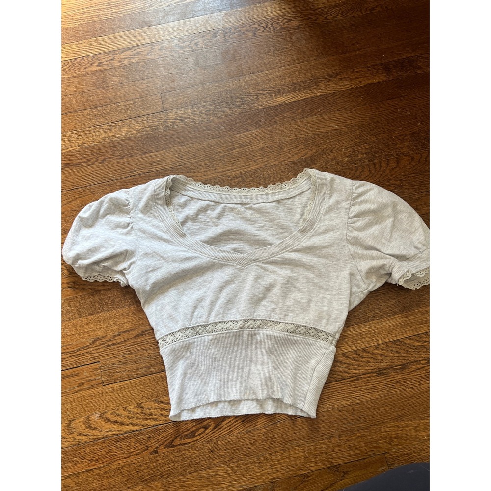 Aerie Heather Gray Lace Trim Puff Sleeve Crop Top V-Neck Ribbed Waist Cotton S